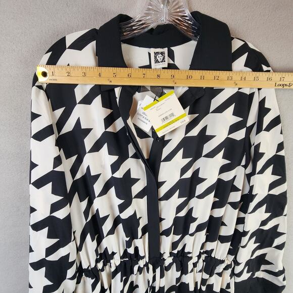 Anne Klein Women Houndstooth Drawstring Shirtdress Size 14 Black/White MSRP $139 - Picture 3 of 9